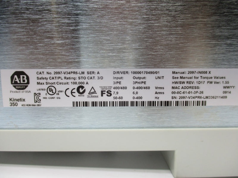 ALLEN BRADLEY 2097-V34PR6-LM SER. A F/W 1.55 400/480VAC 7.9A NSMP