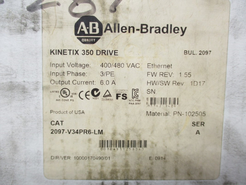 ALLEN BRADLEY 2097-V34PR6-LM SER. A F/W 1.55 400/480VAC 7.9A NSMP