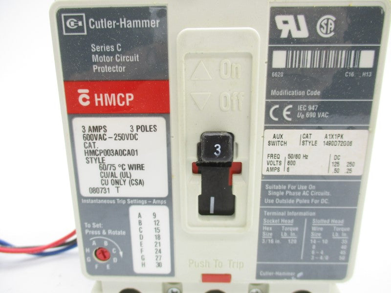 CUTLER HAMMER HMCP003A0CA01 SER. C 600VAC 3A NSMP