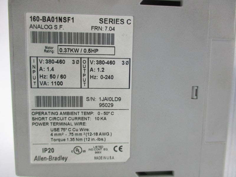 ALLEN BRADLEY 160-BA01NSF1 SER. C F/W 7.04 125VAC 0.4A NSNP