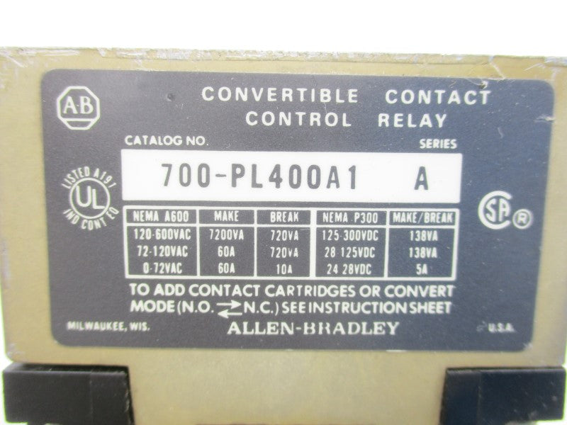 ALLEN BRADLEY 700-PL400A1 SER. A 110/115-120V 60A UNMP