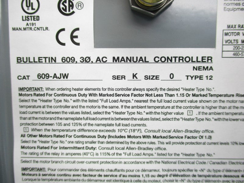ALLEN BRADLEY 609-AJW SER. K (BR/WH) NSMP
