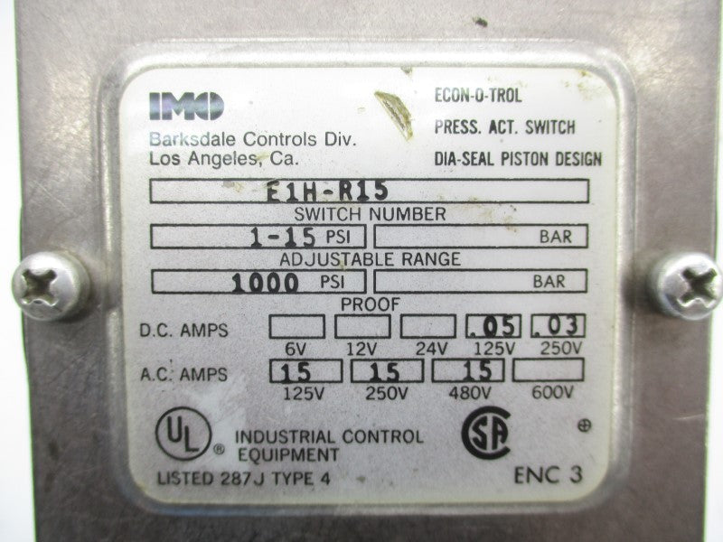 BARKSDALE E1H-R15 1-15PSI 600V 15A UNMP