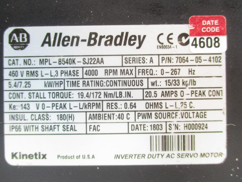 ALLEN BRADLEY MPL-B540K-SJ22AA SER. A 460V 20.5A NSNP