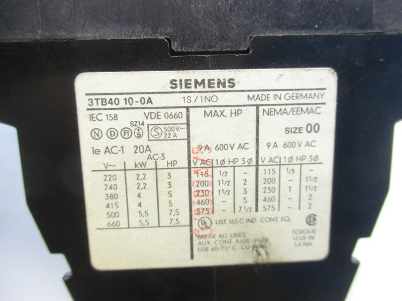SIEMENS 3TB4010-0A 110/120V 9A UNMP
