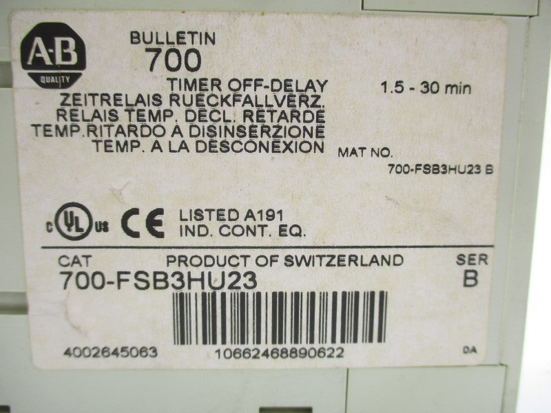 ALLEN BRADLEY 700-FSB3HU23 SER. B 24-240VAC 1.5-30MIN UNMP