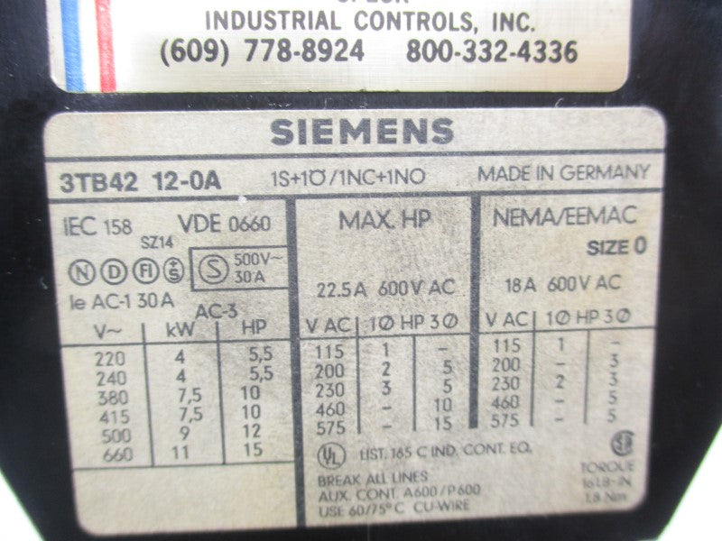 SIEMENS 3TB4212-0A 220V 22.5A UNMP