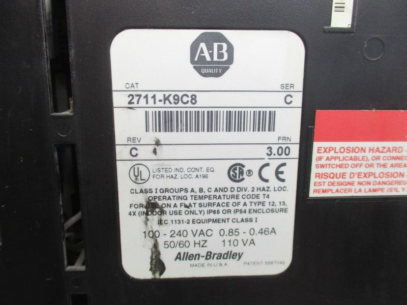 ALLEN BRADLEY 2711-K9C8 SER. C F/W 3.00 100-240VAC 0.85-0.46A (AS PICTURED) UNMP