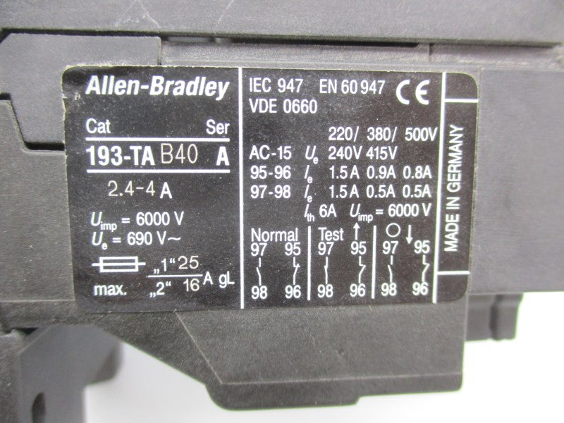 ALLEN BRADLEY 193-TAB40 SER. A 600VAC 2.4-4A UNMP