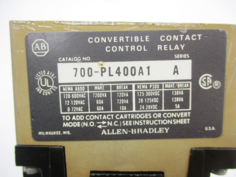 ALLEN BRADLEY 700-PL400A1 SER. A 110/115-120V UNMP