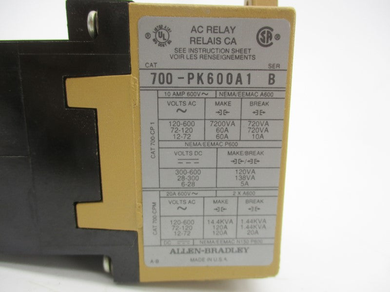 ALLEN BRADLEY 700-PK600A1 SER. B 110/115-120V 60A UNMP