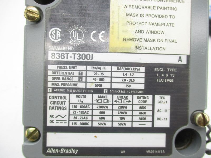 ALLEN BRADLEY 836T-T300J SER. A 120-600VAC 60A 40-550PSI (BR/WH) NSMP