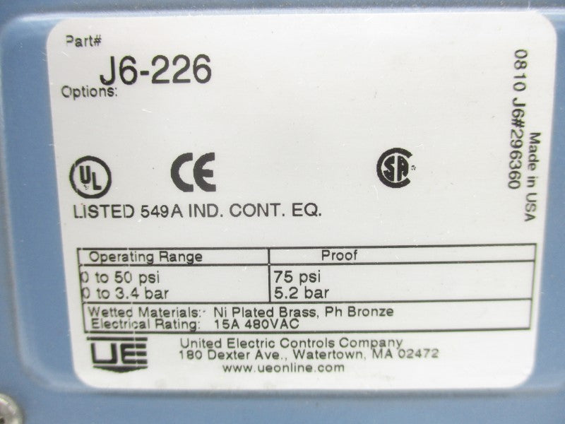 UNITED ELECTRIC J6-226 480VAC 15A 0-50PSI NSNP