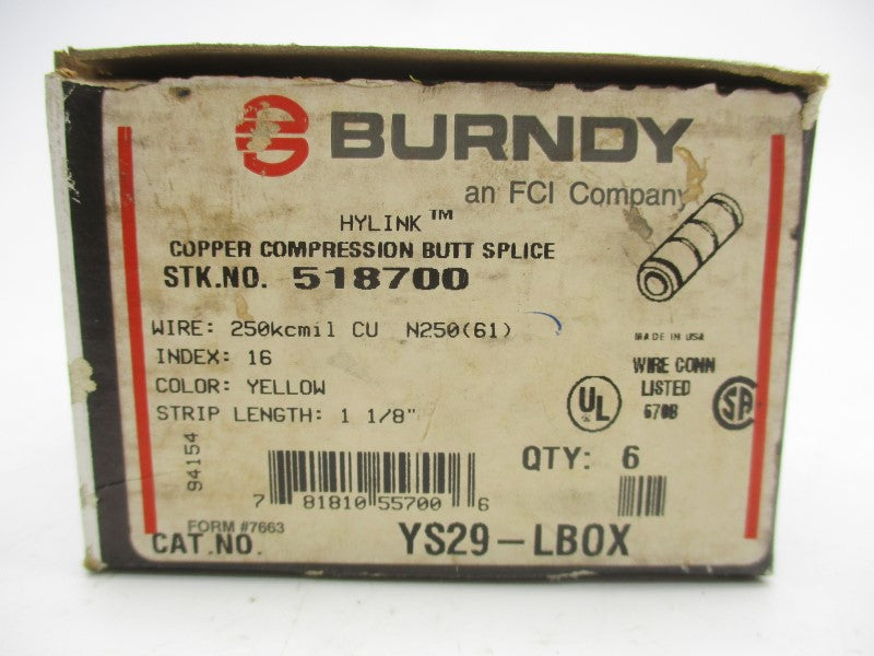 BURNDY YS29-LBOX 1-1/8" (PKG OF 6) NSMP