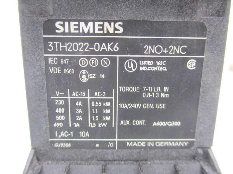 SIEMENS 3TH2022-0AK6 110/120V 10A NSNP