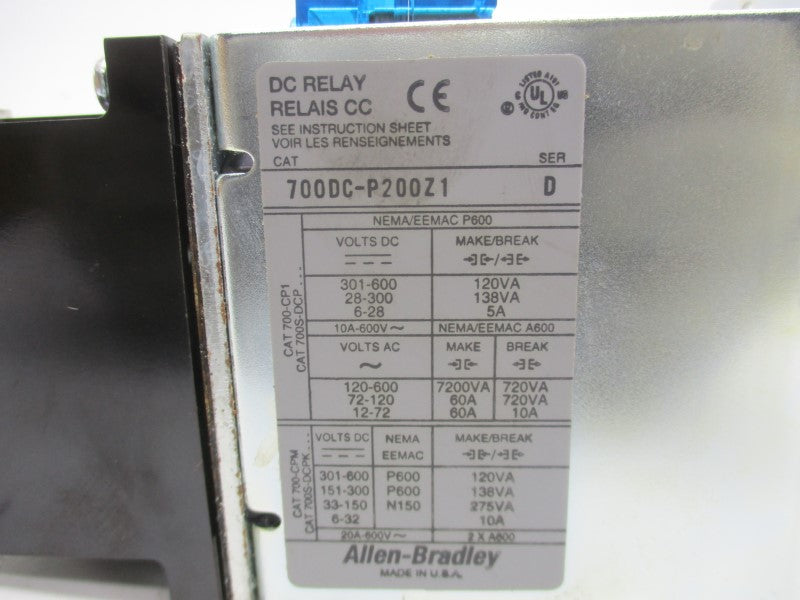 ALLEN BRADLEY 700DC-P200Z1 SER. D 115-125VDC (BR/WH) NSMP