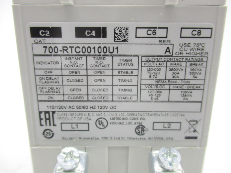 ALLEN BRADLEY 700-RTC00100U1 SER. A 110/120VAC (BR/WH) NSMP