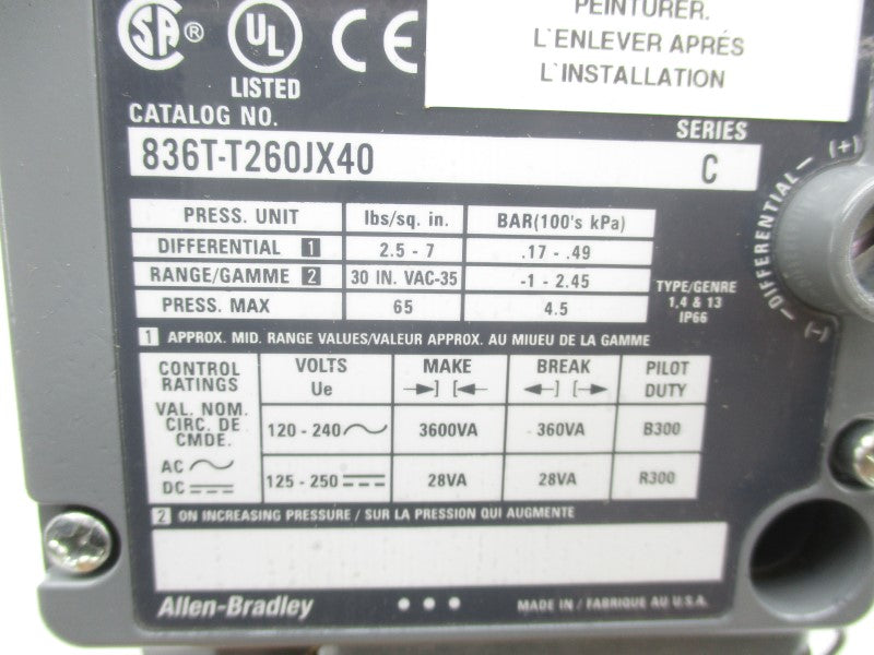 ALLEN BRADLEY 836T-T260JX40 SER. C 120-240VAC 35PSI (BR/WH) NSMP