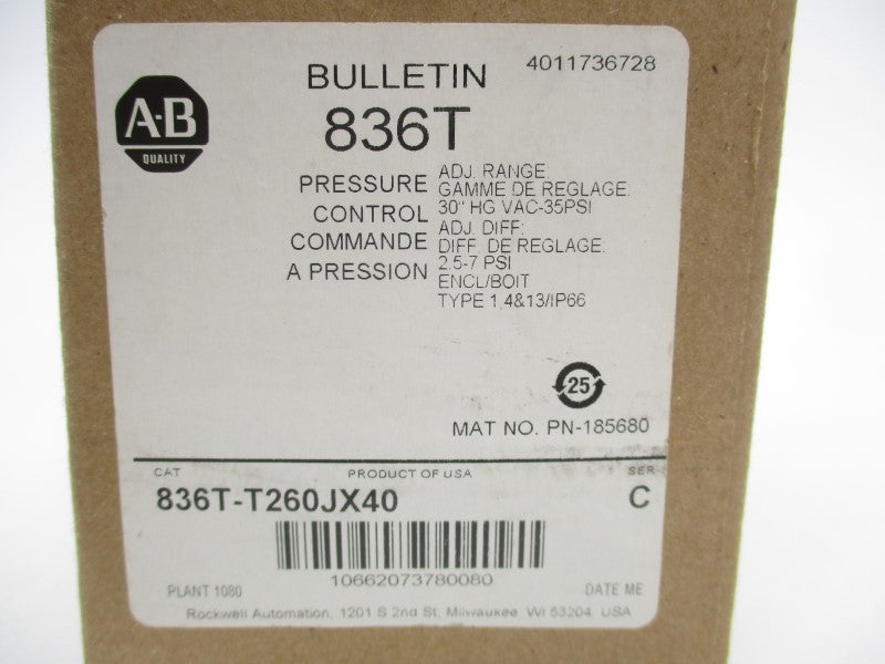 ALLEN BRADLEY 836T-T260JX40 SER. C 120-240VAC 35PSI (BR/WH) NSMP