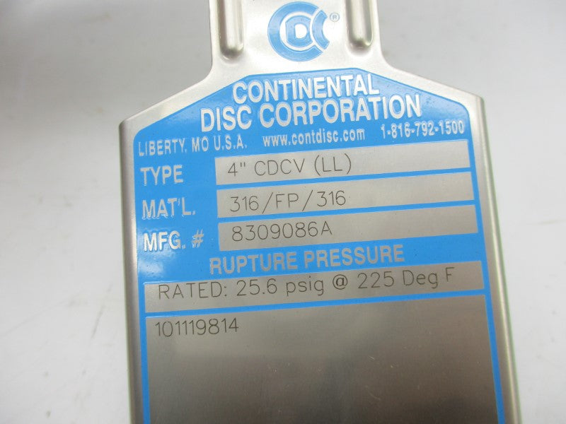 CONTINENTAL DISK 8309086A CDCV 25.6PSI 4" NSMP