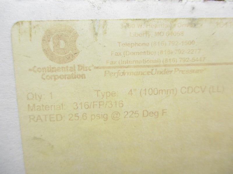 CONTINENTAL DISK 8309086A CDCV 25.6PSI 4" NSMP