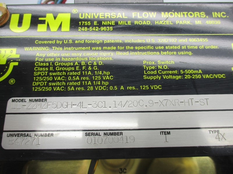 UNIVERSAL FLOW MONITORS LL-ZZMZF5DGH-4L-3C1.14/20C.9-X7XR-HT-ST 20-250VAC/DC UNMP