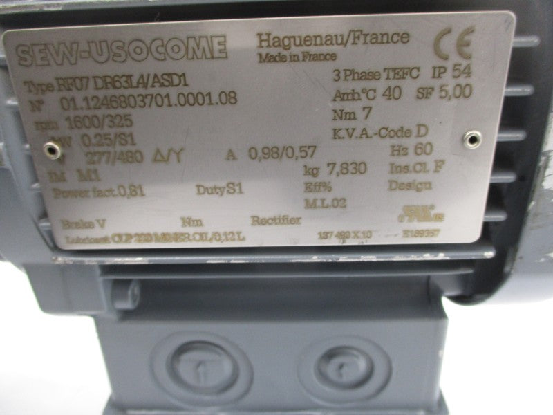 SEW EURODRIVE RF07DR63LA/ASD1 277/480V 0.98/0.57A NSNP