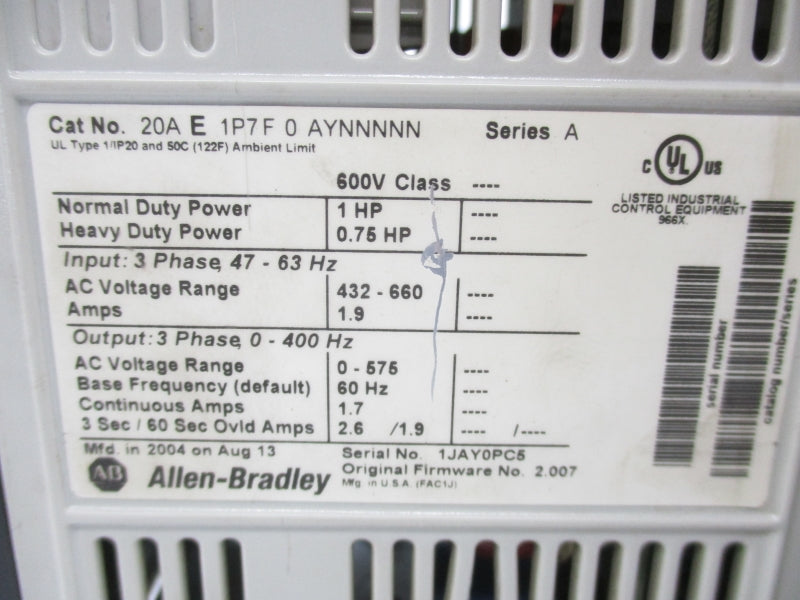 ALLEN BRADLEY 20AE1P7F0AYNNNNN SER. A F/W 2.007 432.660 1.9A UNMP