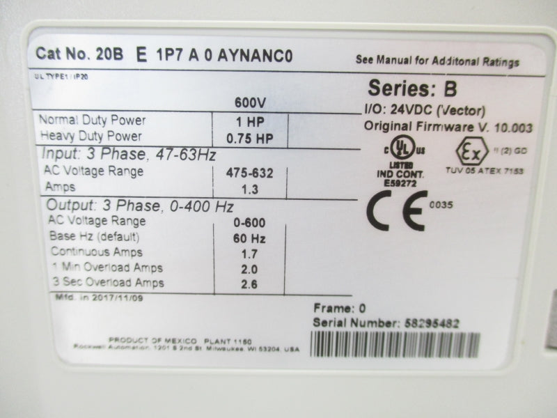 ALLEN BRADLEY 20BE1P7A0AYNANC0 SER. B F/W 10.003 475-632V 1.3A UNMP