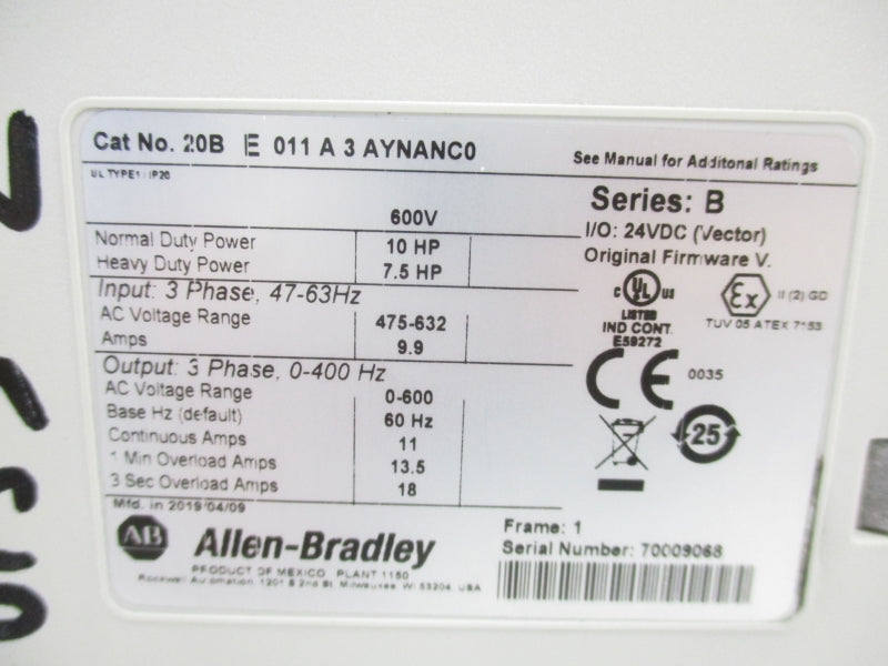 ALLEN BRADLEY 20BE011A3AYNANC0 SER. B 475-632V 9.9A UNMP