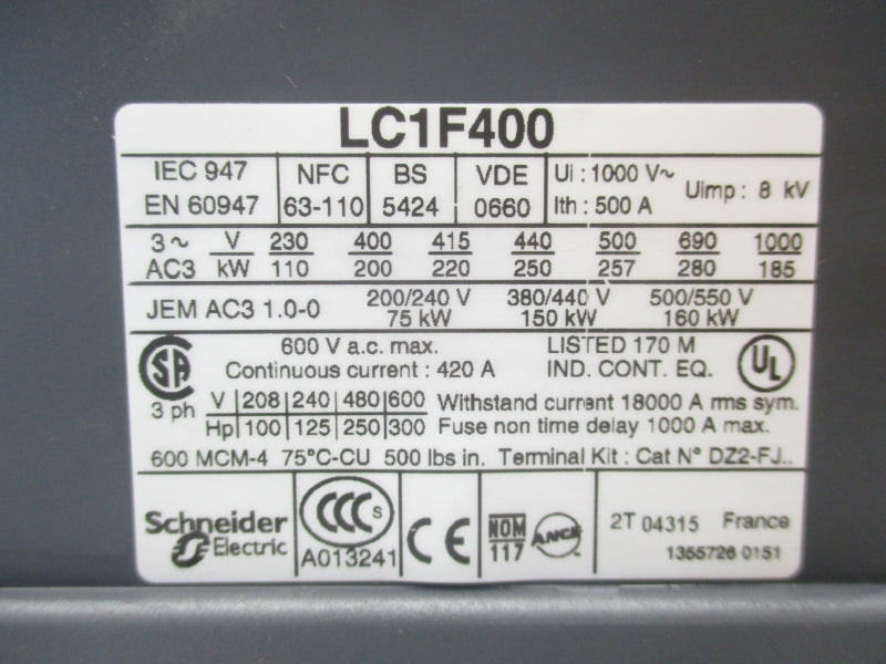 SCHNEIDER ELECTRIC LC1F400 600VAC 420A UNMP