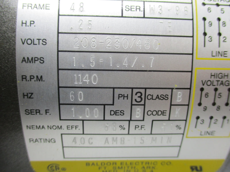 BALDOR M3455-NV 34L51-5882 SER. W3-96 208-230/460V 1.5-1.4/.7A NSNP-OEM