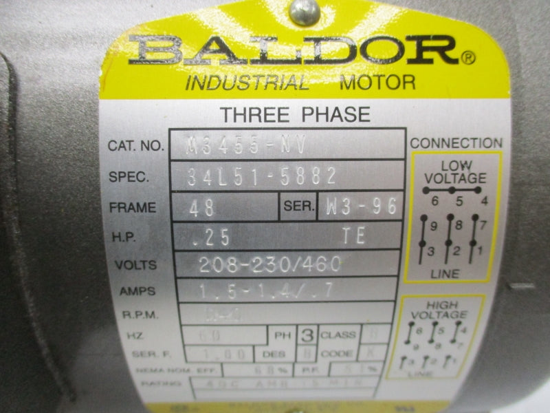 BALDOR M3455-NV 34L51-5882 SER. W3-96 208-230/460V 1.5-1.4/.7A NSNP-OEM