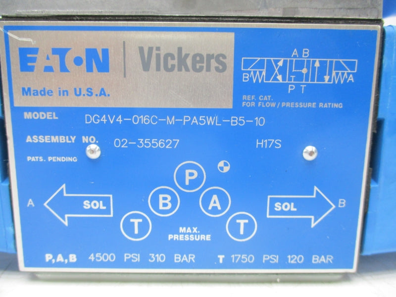 VICKERS DG4V4-016C-M-PA5WL-B5-10 02-355627 110/120V .85/.69A 1750-4500PSI NSNP