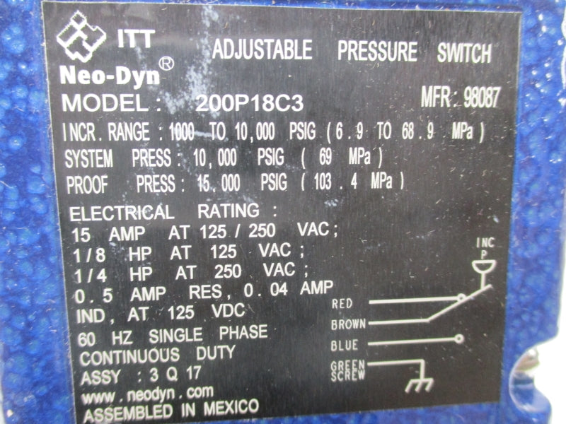 ITT 200P18C3 125/250VAC 15A 1000-10000PSI NSMP