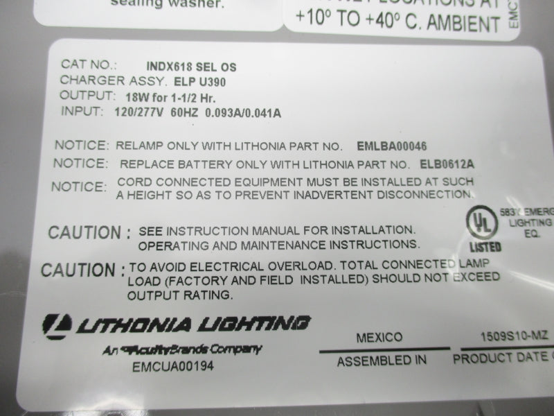 LITHONIA LIGHTING INDX618 SELOS 5YB72 120/277V 0.093/.041A NSMP