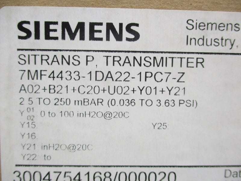 SIEMENS 7MF4433-1DA22-1PC7-Z 10.5-45VDC .036-3.36PSI NSMP