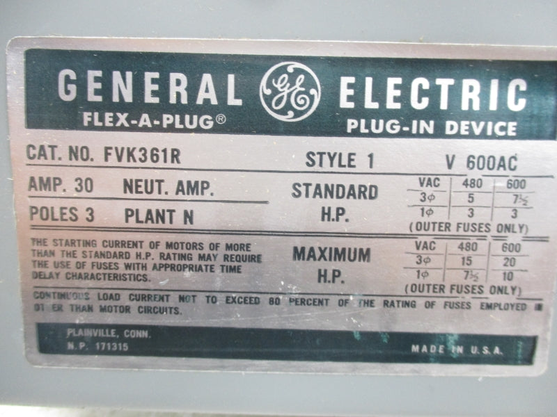 GENERAL ELECTRIC FVK361R 600VAC 60A (STYLE 1) NSNP