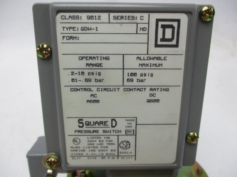 SQUARE D 9012GDW-1 SER. C 600VAC/DC 2-10PSI NSMP