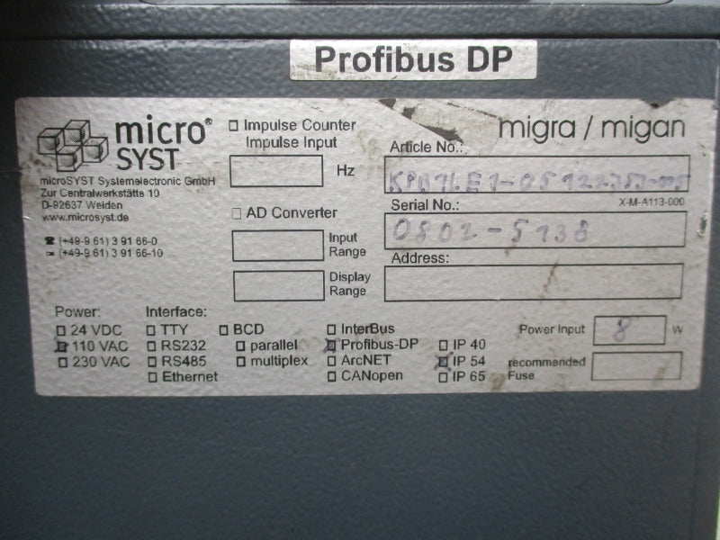 MICRO SYST KPB7LE1-05122353-005 110VAC UNMP