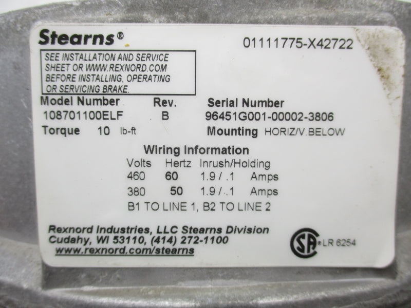 STEARNS 108701100ELF 380/460V 1.9/.1A UNMP