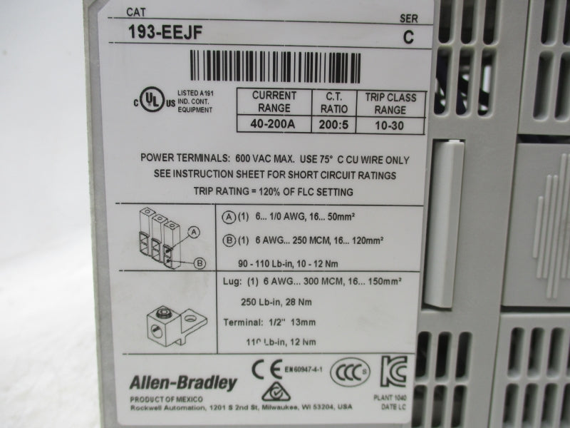 ALLEN BRADLEY 193-EEJF SER. C 600VAC 40-200A (BR/WH) NSMP