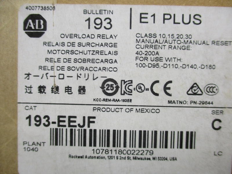 ALLEN BRADLEY 193-EEJF SER. C 600VAC 40-200A (BR/WH) NSMP