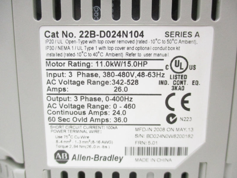 ALLEN BRADLEY 22B-D024N104 SER. A F/W 5.01 380-480V 26.0A NSMP