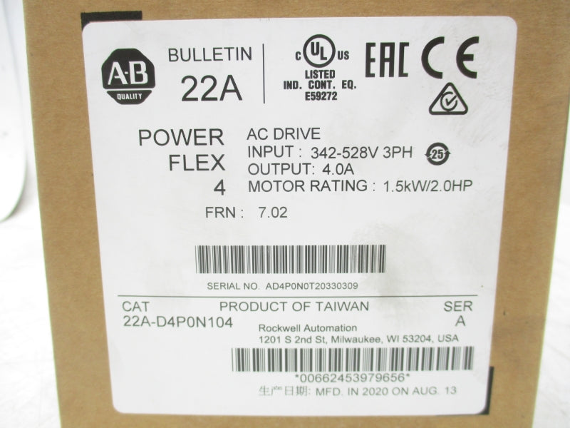 ALLEN BRADLEY 22A-D4P0N104 SER. A F/W 7.02 342-528V 4.0A DATE: 2020 NSFS