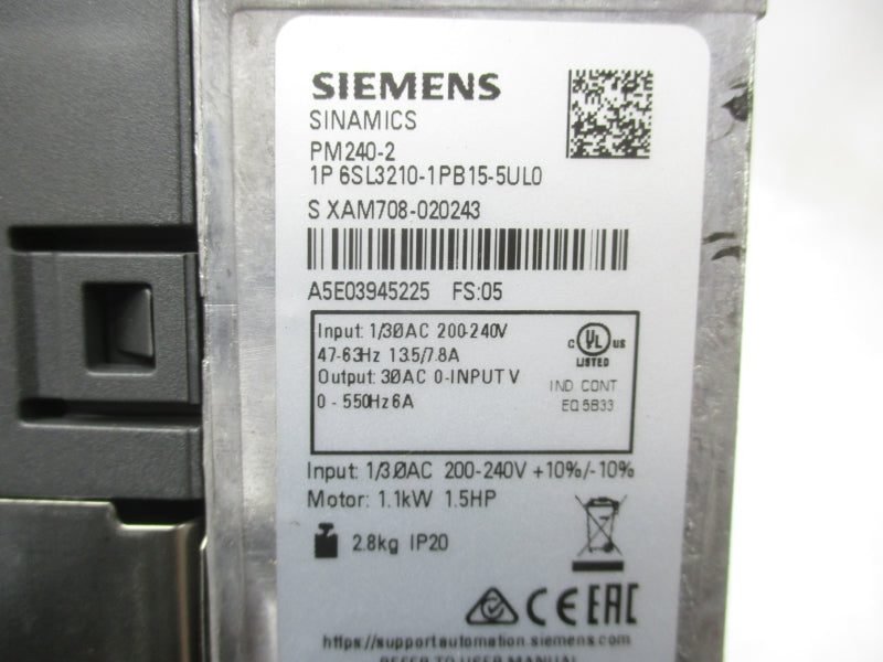 SIEMENS 6SL3210-1PB15-5UL0 200-240V 13.5/7.8A NSMP