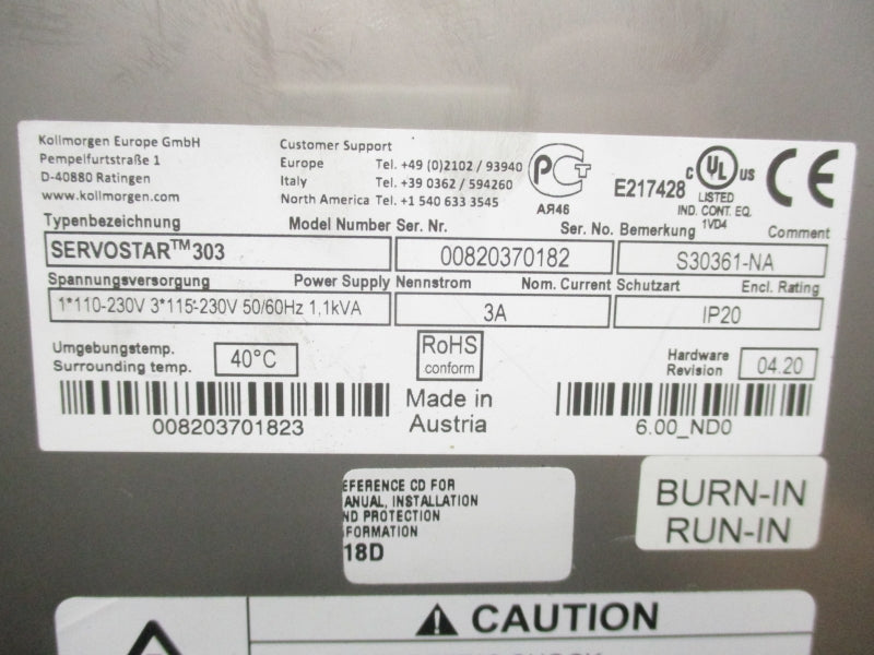 KOLLMORGEN SERVOSTAR303 S30361-NA 110-230V 3A UNMP
