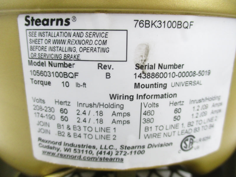 STEARNS 105603100BQF 76BK3100BQF 208-230V 2.4/.18A NSNP