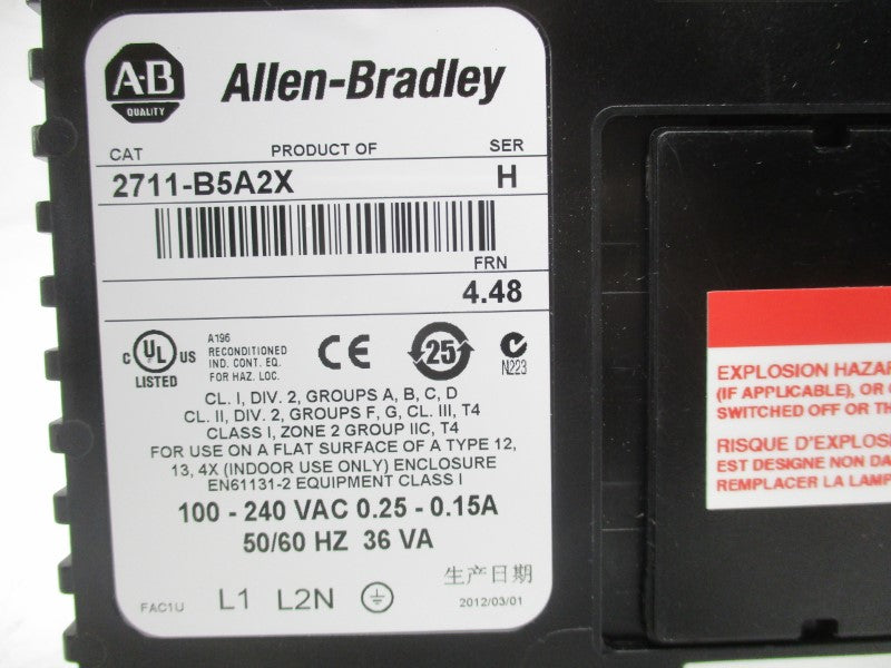 ALLEN BRADLEY 2711-B5A2X SER. H F/W 4.48 100-240VAC 0.25-0.15A REMAN