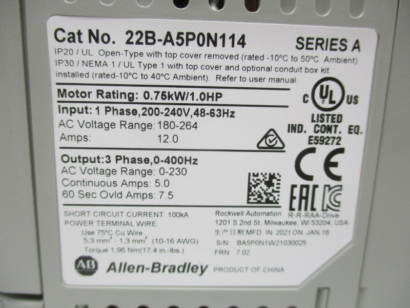 ALLEN BRADLEY 22B-A5P0N114 SER. A F/W 7.02 180-264V 5.0A NSMP